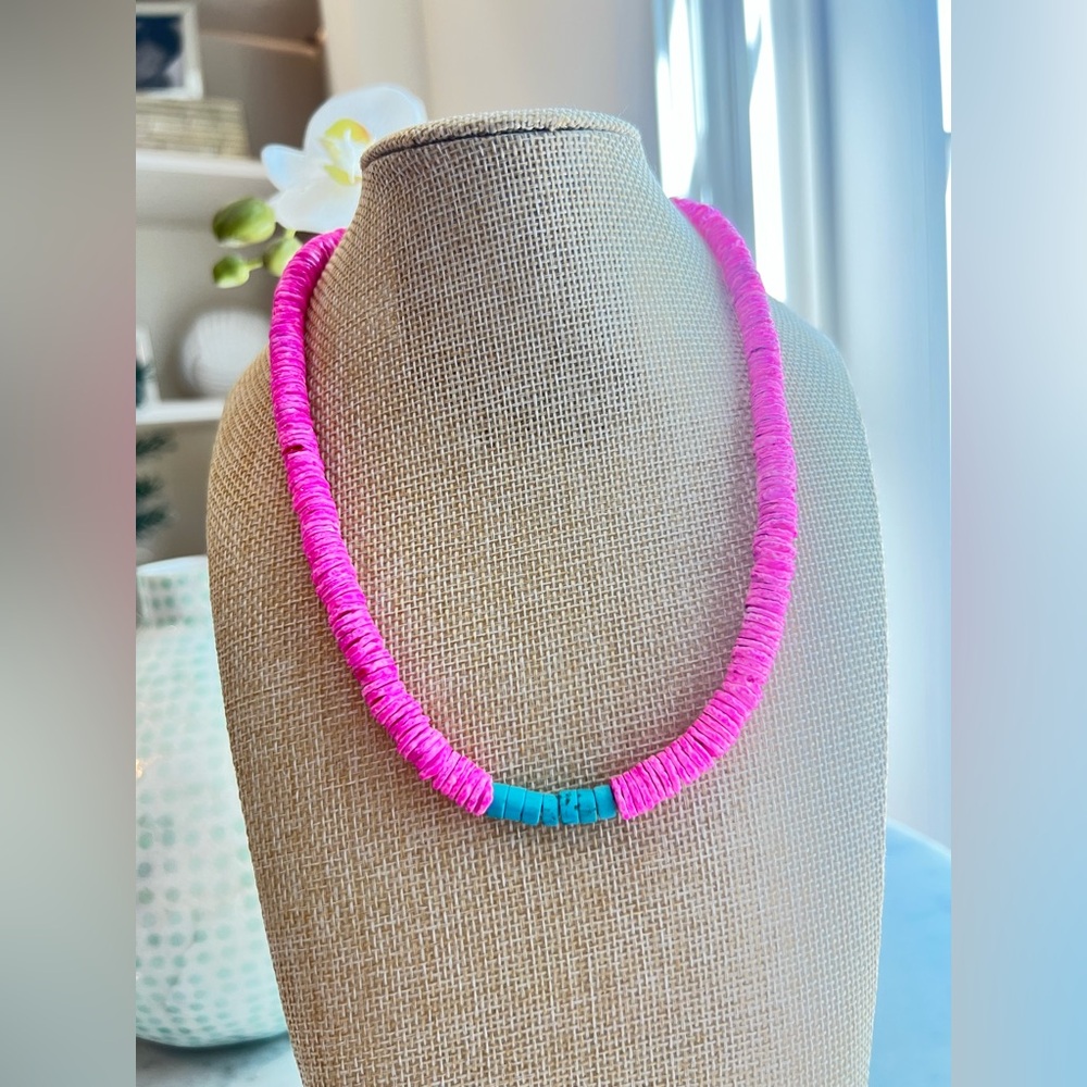 Fuchsia Pink Heishi Shell and Turquoise Beaded Necklace